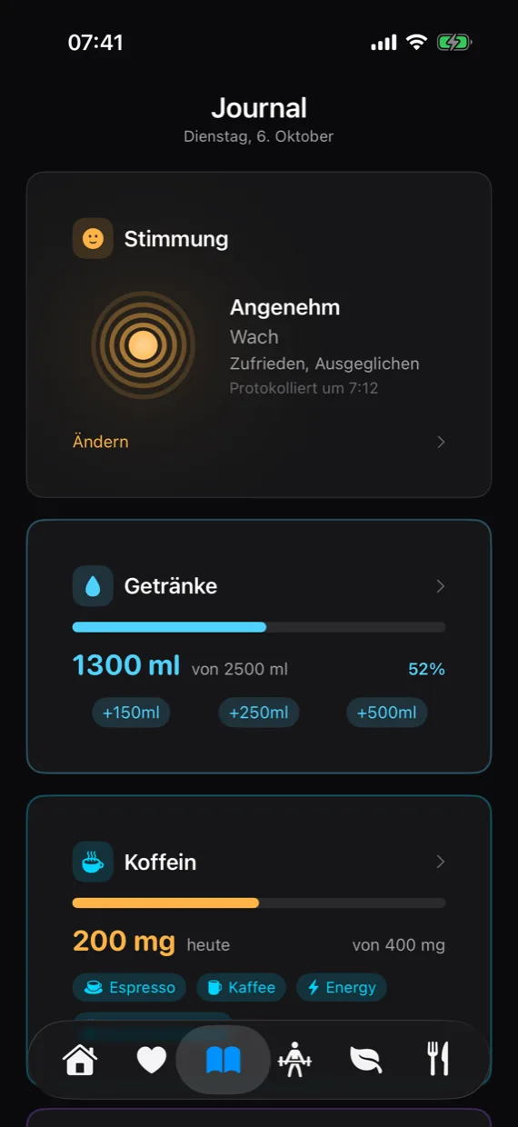 Journal mit der eingetragenen Stimmung, darunter Getränke und Koffein des Tages.