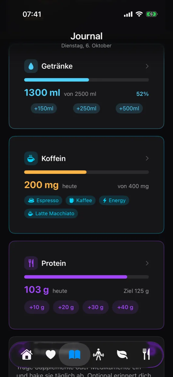 Journal mit Fortschrittsbalken für Getränke, Koffein und Protein samt Schnelleingabe.