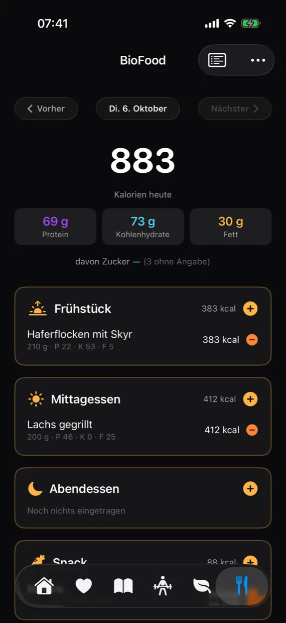 BioFood mit Tageskalorien, Makronährstoffen und den Mahlzeiten des Tages.