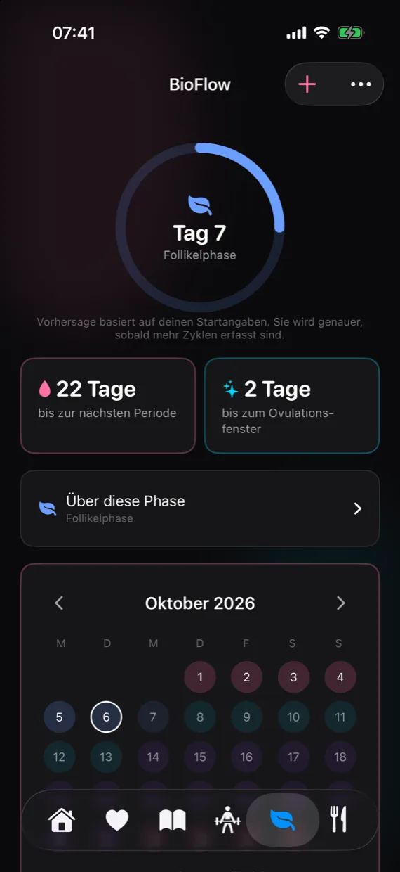 BioFlow mit Zyklustag, Phase, geschätzten Tagen bis zur nächsten Periode und zum Ovulationsfenster sowie Monatskalender.